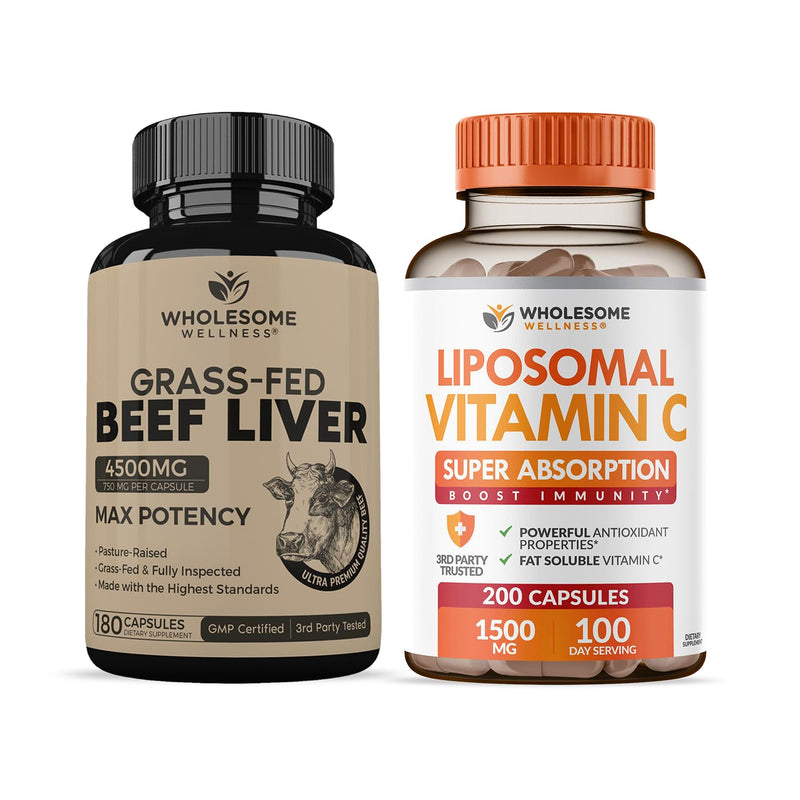 Grass Fed Desiccated Beef Liver Capsules (180 Pills, 750mg Each) + Liposomal Vitamin C Capsules (200 Pills 1500mg Buffered) High Absorption VIT C Bundle