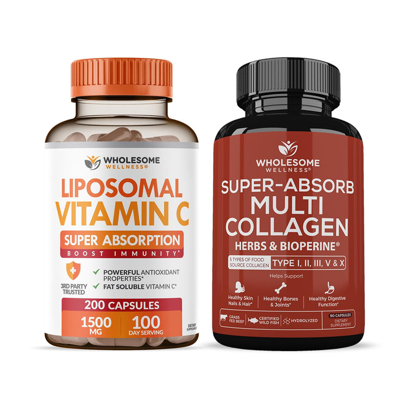 Wholesome Wellness Liposomal Vitamin C Capsules (200 Pills 1500mg Buffered) + Super-Absorb Multi Collagen Pills (Type I II III V X) Organic Herbs and Bioperine Bundle