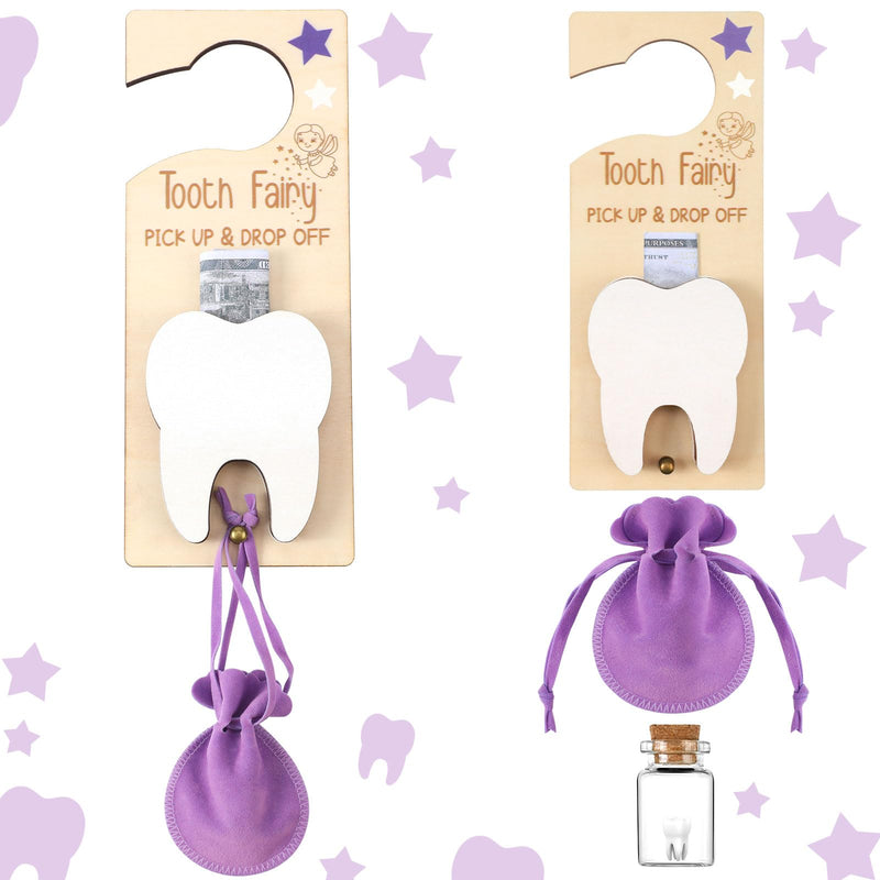 [Australia] - 3 Pcs Tooth Fairy Tooth Holder Bag Tooth Fairy Door Hanger with Money Slot Keepsake Bottle Velvet Pouch Tooth Fairy Box for Lost Teeth Kid Boy and Girl Milk Teeth Encourage Gift(Purple) Purple 