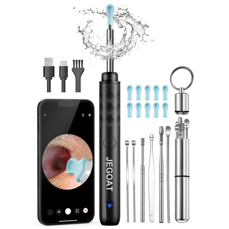 [Australia] - Ear Wax Removal - Ear Cleaner with Camera 1296P HD Ear Scope 6 LED Lights and 10 Pcs Ear Spoon - Earwax Remover Tool Jet Black 
