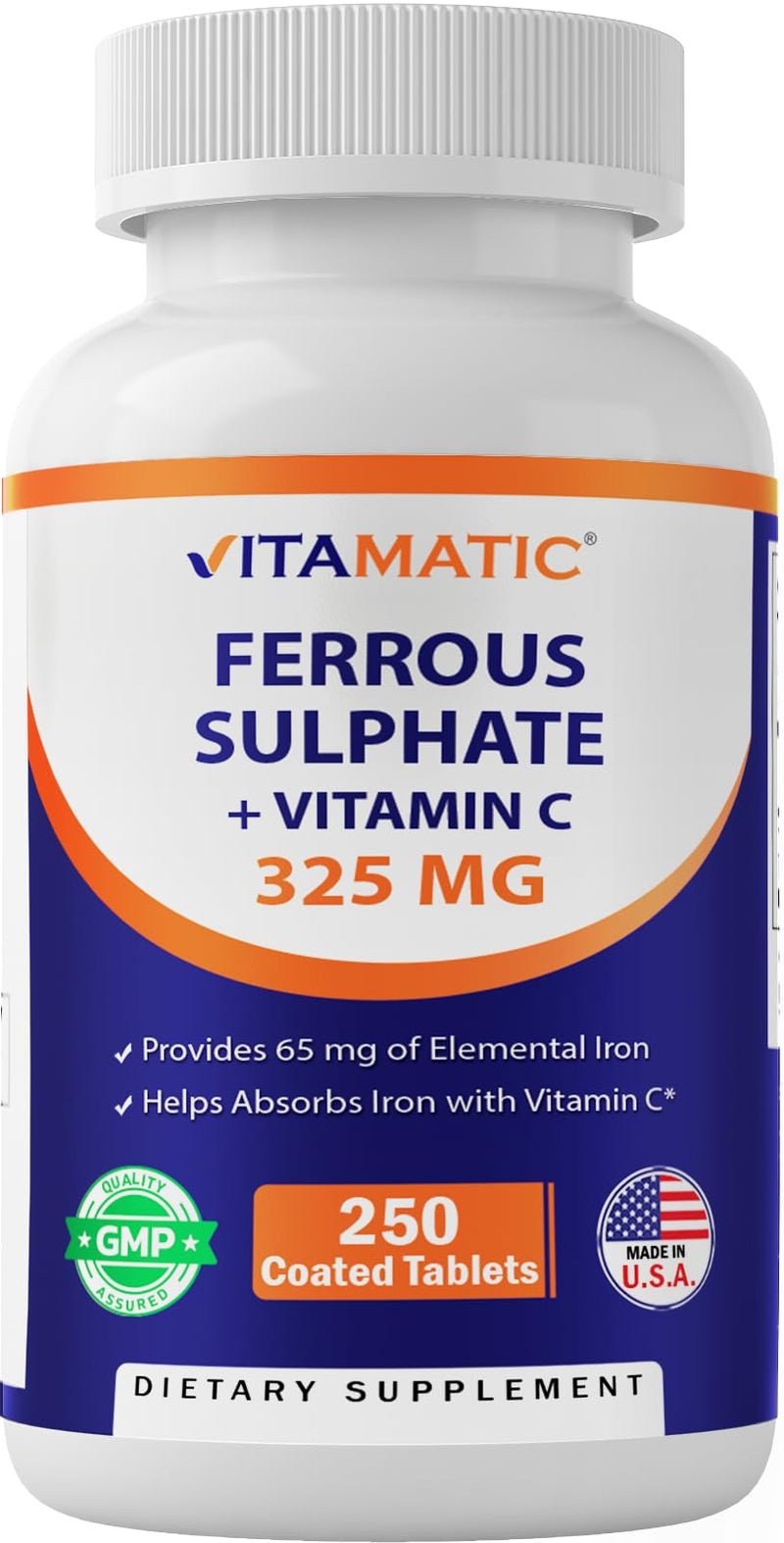 [Australia] - Vitamatic Ferrous Sulphate 325 mg + Vitamin C 100 mg - (65 mg Elemental Iron) High Potency Iron Supplement | No Artificial Color Additives - 250 Coated Tablets - Made in USA 