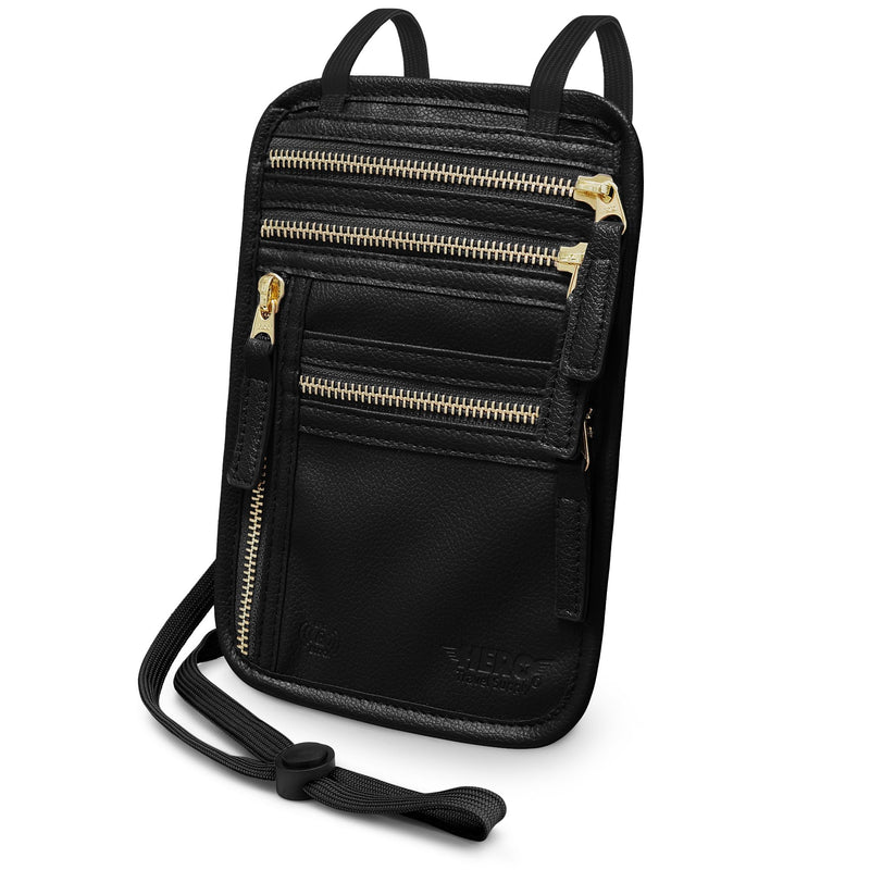 HERO Neck Wallet, RFID Blocking Vegan Leather Passport Holder Travel Pouch (Black) Black