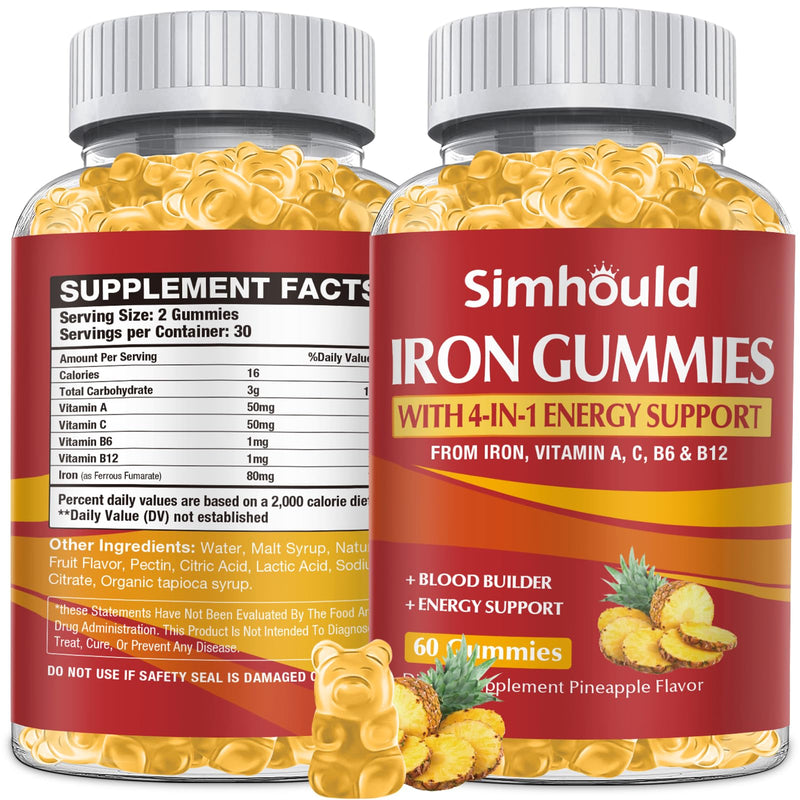 1 Pack Vegan 80MG Iron Supplement Gummies for Women & Men - Vitamin A, C, B for Adults & Kids - Blood & Builder & Energy Support for Iron Deficiency, Anemia - 60 Counts Pineapple Flavor Gummies Yellow - 1 Pack