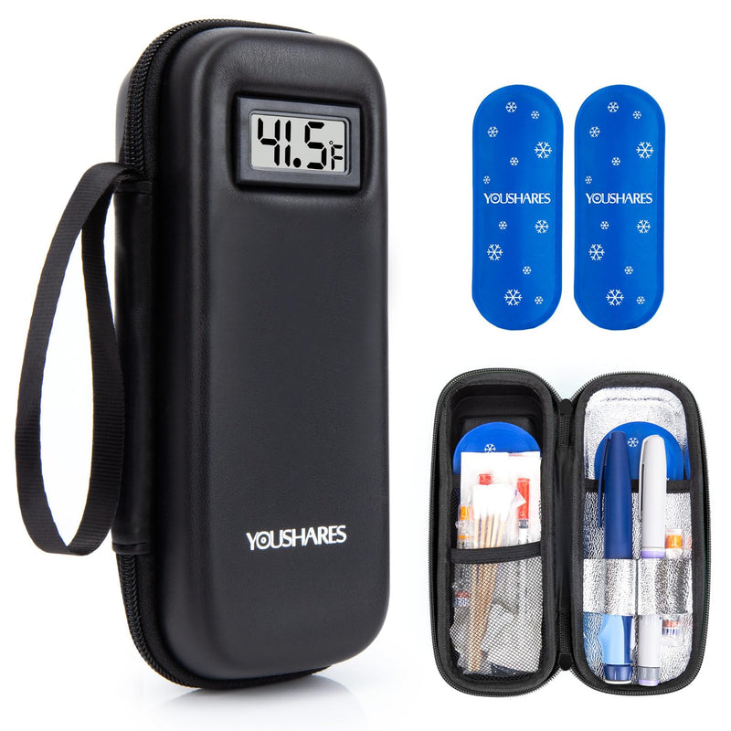 [Australia] - YOUSHARES Insulin Cooler Travel Case with Temperature Display - Refrigerated Medicine Cooling Bag with 2 TSA Approved Ice Pack, Medication Pen Diabetic Supplies Organizer for Trip and Daily 02 Black 