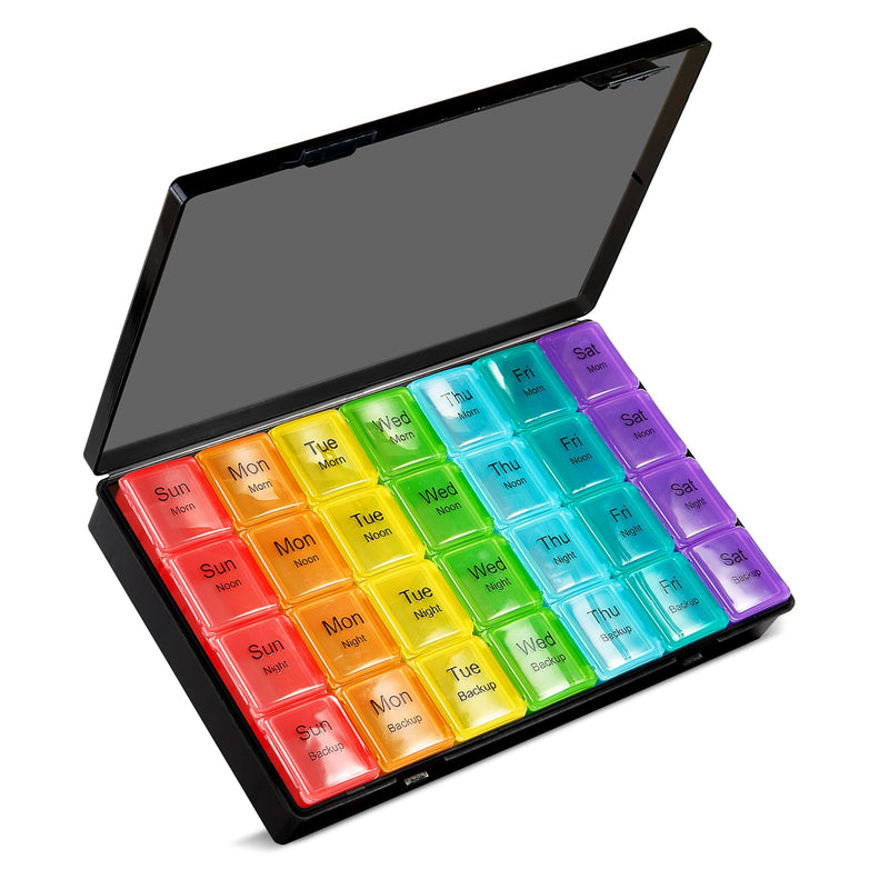 Large Weekly Pill Organizer, 4 Times a Day, 7-Day Moisture-Proof Pill Box with 28 compartments, Capable of Accommodating Large Amounts of Vitamins, Supplements, Fish Oil, and Medicine (Gray Rainbow) Gray Rainbow