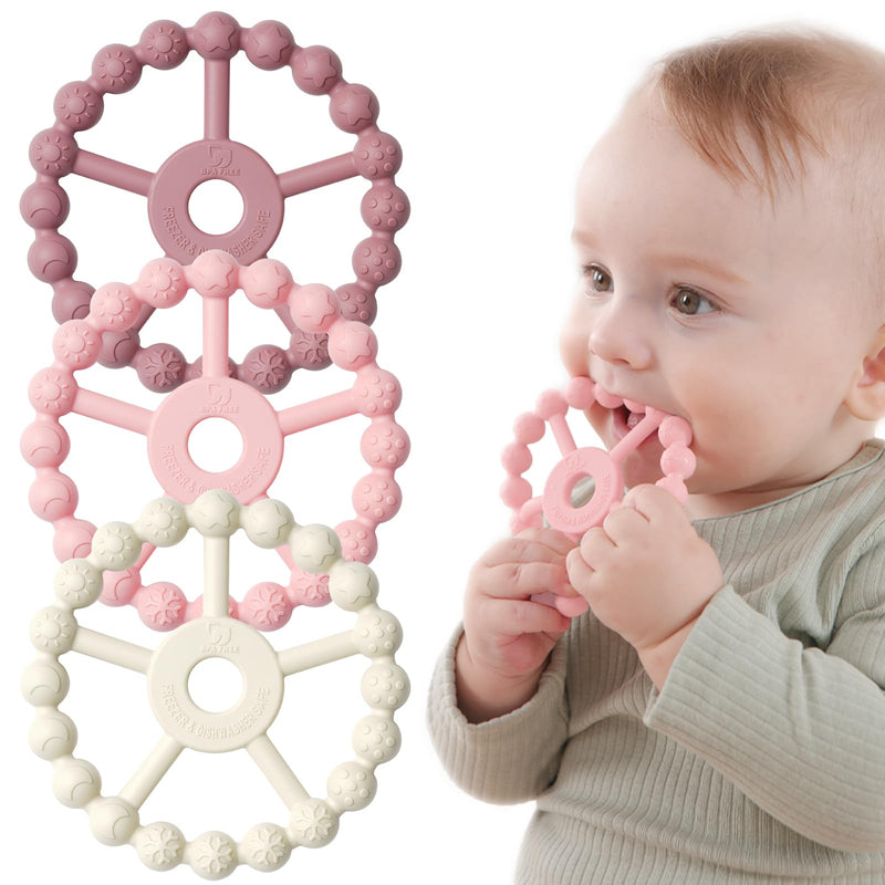 [Australia] - 3 Pack Ring Teether Baby Infant Toys, Baby Essentials, Silicone Teething Ring Toys for Babies 6 Months, Seposeve Toddler Teethers 6-12 Months 12-24 Months, Infant Teething Relief, Purple Pink White 