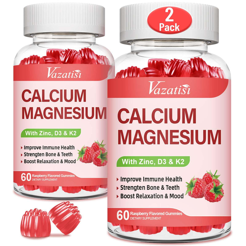Calcium Magnesium Zinc Gummies with Vitamin D3 & K2, High Absorption Magnesium Glycinate Potassium for Immune and Calm Mood, Raspberry Flavor 120 Gummies 60 Count (Pack of 2)