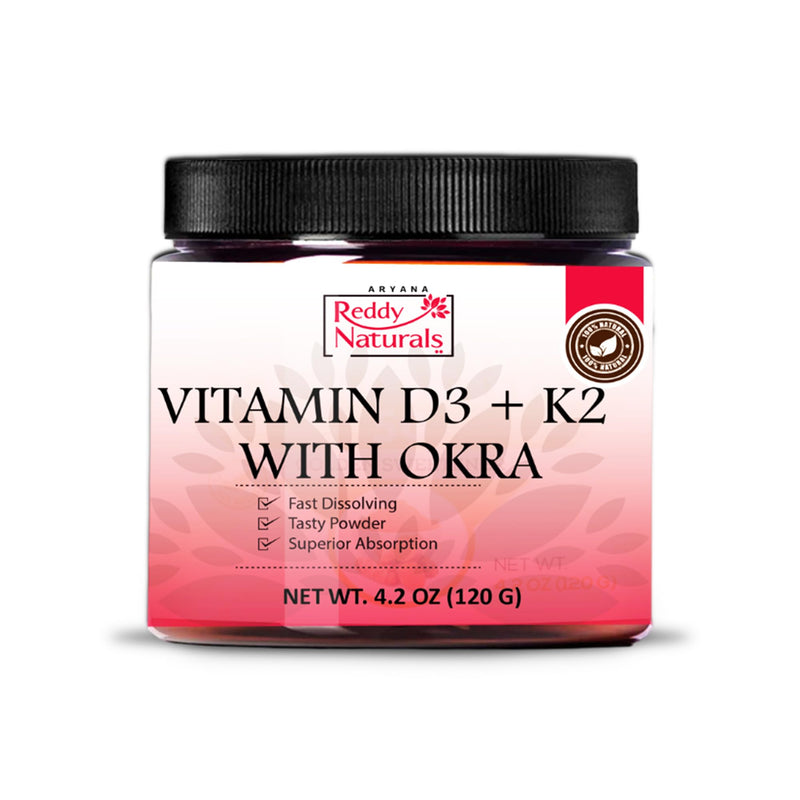 Reddy Naturals Vitamin D3 K2 MK7 Powder with Okra 120g | Vitamin D3 4000 IU + K2 MK-7 100 mcg | Powder Drink Mix | Fast-Dissolving | 30 Servings | Gluten-Free Non-GMO | No Capsules