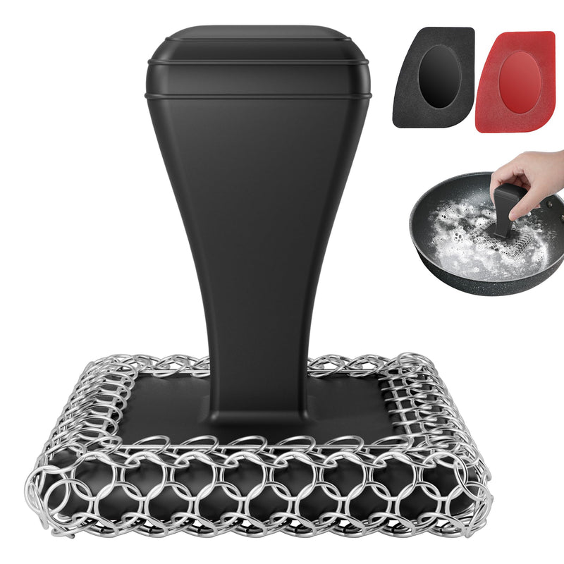 [Australia] - Cast Iron Scrubber & Cleaner Scraper Kit - Upgraded Handle 316L Stainless Steel Chainmail Scrubber for Cast Iron Pans, Dish Scrub Brush Scouring Pad for Cookware Corners Deep Cleaning - Black 