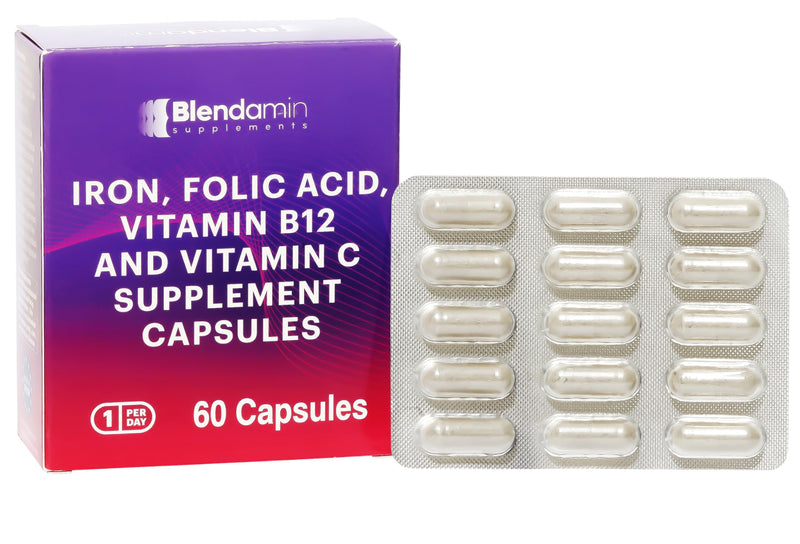 Iron Ferrous Bisglycinate with Vitamins B12 Cyanocobalamin, Folic Acid, Vitamin C, Red Cells Formation, Blood & Immunity Health 60 Capsules