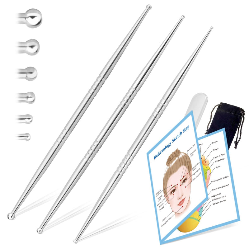 [Australia] - ideayard Facial Reflexology Massage Tool 3 Pieces/6 Szie Headed Stainless Steel Acupuncture Pen Ear Acupressure and Body Point Probe Pen for Deep Tissue Face massage 