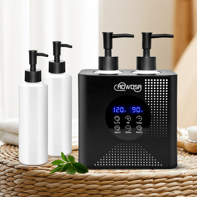 [Australia] - Massage Oil Warmer Double Bottle Professional Electric Lotion Digital Heater for SPA, Portable Oil Warmer Heated Cream for Beauty Salon Home, with ℃/℉ Switchable Display, Four Dispenser Bottle 