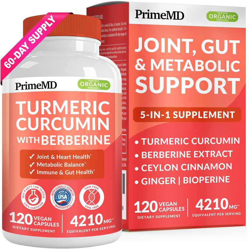 [Australia] - 5-in-1 Organic Turmeric Curcumin Supplement (4210mg) with Berberine, Ceylon Cinnamon Bioperine and Ginger Supplements for Joint, Heart, Gut, & Metabolic Support (120 ct) 120 Count (Pack of 1) 