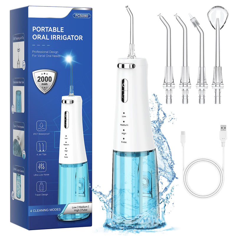 [Australia] - Cordless Water Flossers Picks for Teeth, IPX7 Waterproof Portable Water Flosser with 4 Pressure Modes, 2000mAh Rechargeable Water Dental Flosser for Home Travel (White) White 