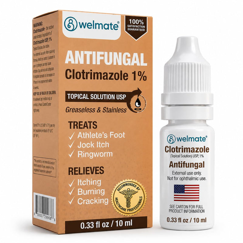 WELMATE Clotrimazole 1% Antifungal Topical Solution | 0.33 fl oz (10mL) Athlete's Foot, Jock Itch, Ringworm Treatment & Ear Drops, Greaseless Non-Staining, Fast Relief for Itchy, Burning Skin 1 Pack