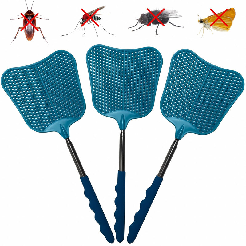 [Australia] - Telescopic Fly Swatter, Jakeloo 3 Pack Fly Swatter for Indoors Plastic Flyswatter Heavy Duty with Stainless Steel Telescopic Handle Ideal for Summer Home/Indoor/Outdoor/Classroom/Office (Blue) Blue 