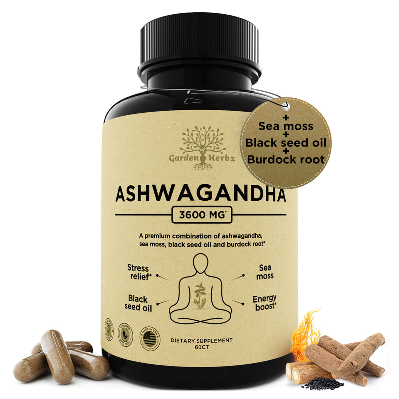 [Australia] - Organic Ashwagandha Root & Irish Sea Moss – 3,600 mg Ashwagandha Supplement with Black Seed Oil, & Burdock Root – Herbal Supplement for Energy, Worry, & Wellness, 60 Caps 60 Count (Pack of 1) 