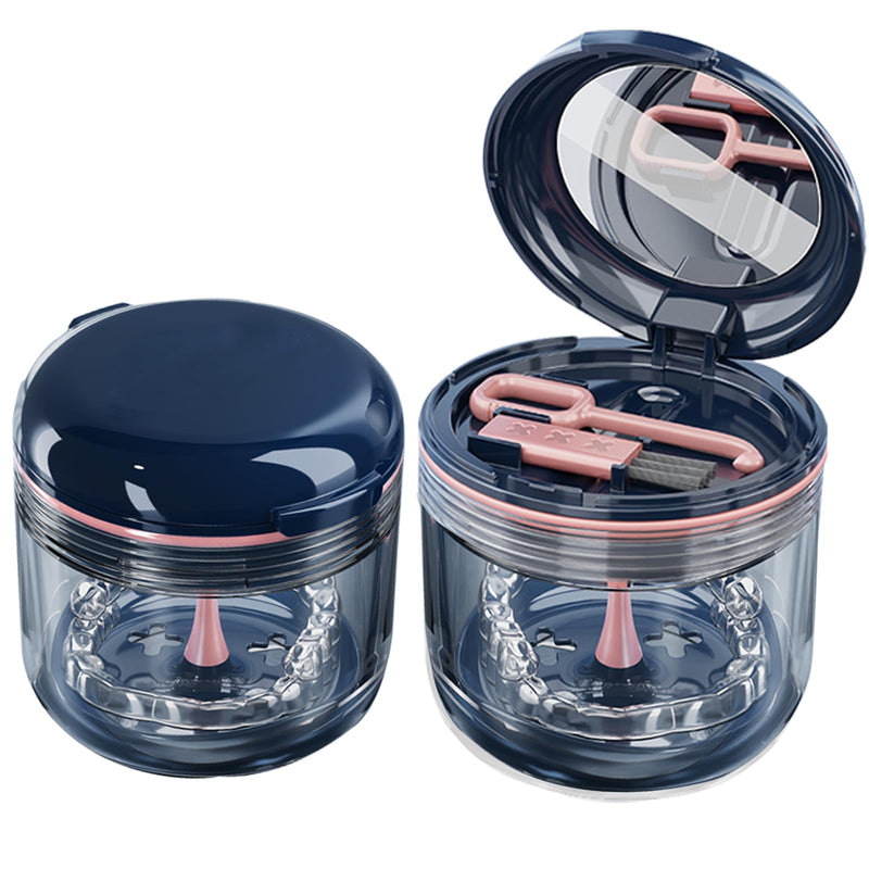 [Australia] - Retainer case, Denture Bath CupÔºåRetainer Cleaner Case Box,Night Mouth Guard Case Holder,Storage Soak Container with Drain Tray for Travel Cleaning with Mirror and Brush Blue 