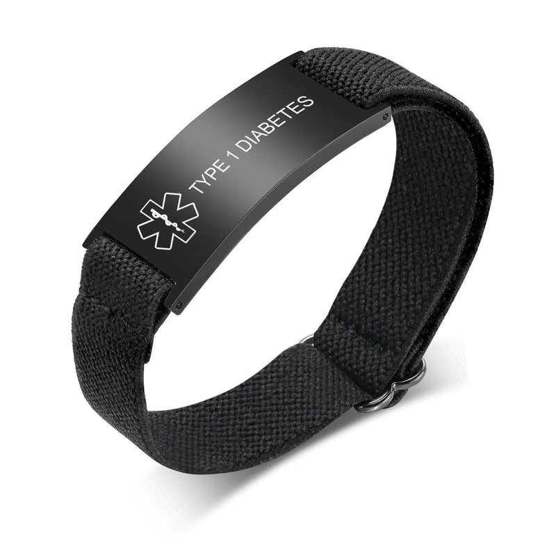 [Australia] - Personalized Medical Alert Bracelet for Men - Customized Elastic Strap Stainless Steel ID Bracelets Engraved Medic Info, Emergency Awareness Medic ID Bracelet for Autism Allergy Diabetic Epilepsy TYPE 1 DIABETES-black 