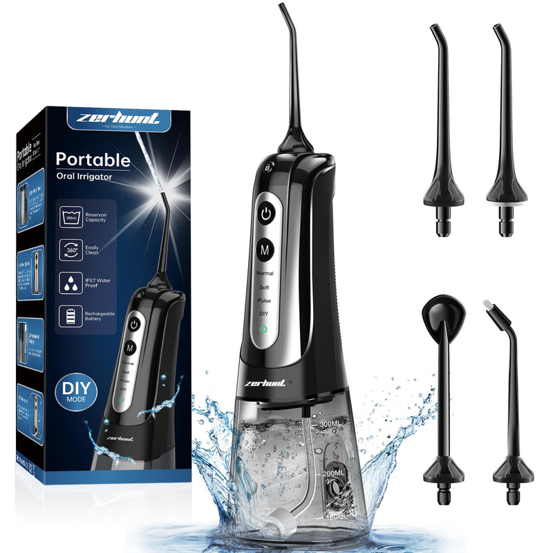 [Australia] - Water Dental Flosser Pick for Teeth: 4 Modes Cordless Portable Water Flossers Teeth Cleaner Rechargeable 300ML IPX7 Waterproof Oral Irrigator Flossing Cleaning Picks for Home Travel Black 