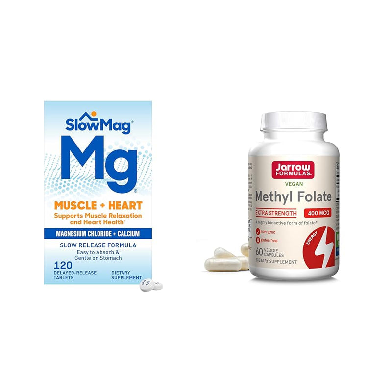 SlowMag Muscle + Heart Magnesium Chloride with Calcium & Jarrow Methyl Folate for Cardiovascular, Neurologic Health & Muscle Support