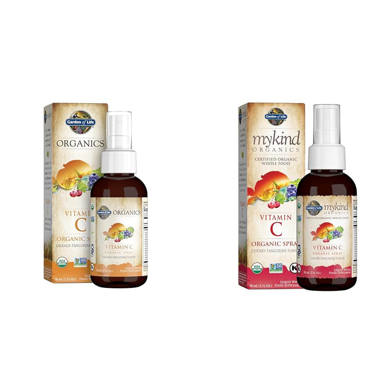 Garden of Life Organics Vitamin C Spray Bundle - Orange Tangerine and Cherry Tangerine, 60mg Vitamin C Supplements, Antioxidants for Immune Support and Skin Health, 2 fl oz Liquid Drops