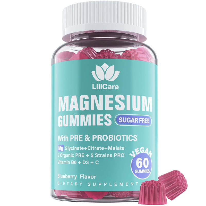 Magnesium Glycinate Citrate Malate Complex Gummies Sugar Free, Vegan, 60ct | Triple Magnesium 400mg with Prebiotics & Probiotics, Calm Gummies Supplement Plus Vitamin B6, D3 & C for Muscles & Mood 60 Count (Pack of 1)