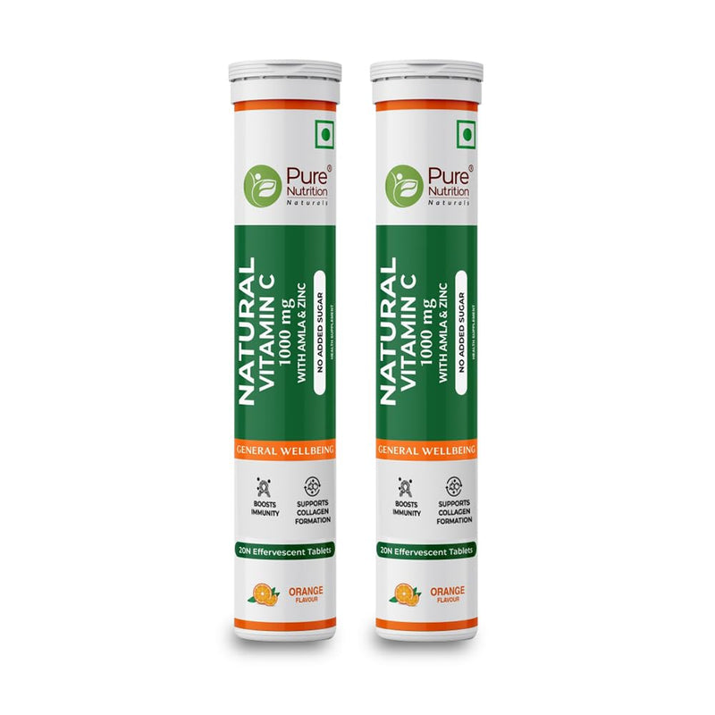 Pure Nutrition Vitamin C & Zinc, 40 Effervescent Tablets (20 x 2), Orange Flavour, 1000mg Amla Extract, Supports Skin, Immunity & Daily Wellness for Men & Women