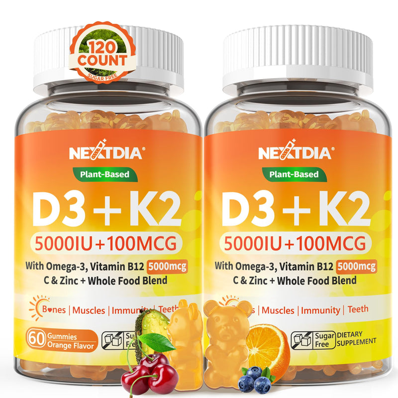 Nextdia Vitamin D3 K2 MK7 Gummies 5000IU with Magnesium Zinc for Adults | Whole-Food Plant-Based with Vitamin C, B12, Omega-3 & 5 Organic Veggies; Bone, Teeth, Energy & Immune Support, Sugar Free 60 Count (Pack of 2)