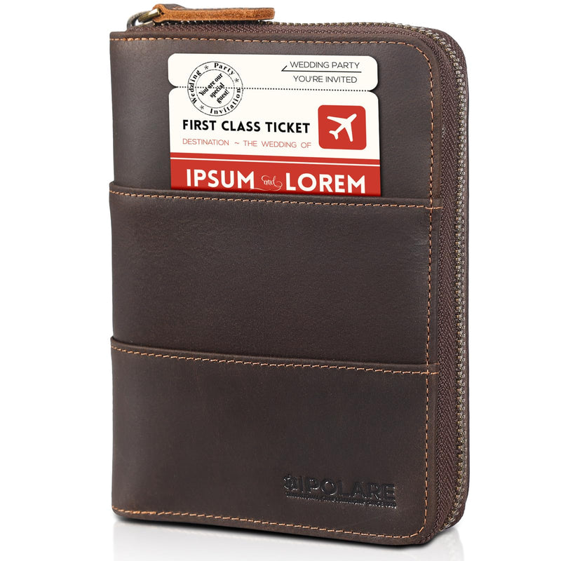 Polare Full Grain Leather Travel Passport Wallet with YKK Zipper and RFID Blocking Document Organizer Holder 2 Passports (Dark Brown) Dark Brown