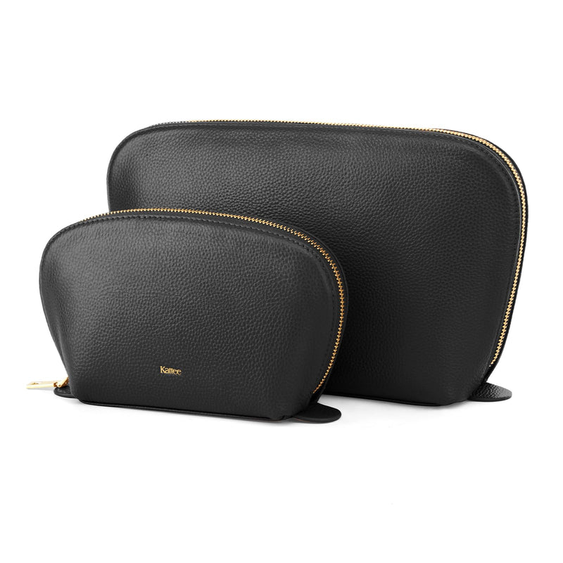 Kattee Leather Makeup Bag Set for Women, 2 Pack, Black | Two leather travel cosmetic bags for makeup, toiletries, and daily essentials. 2-Pack, Medium+Large