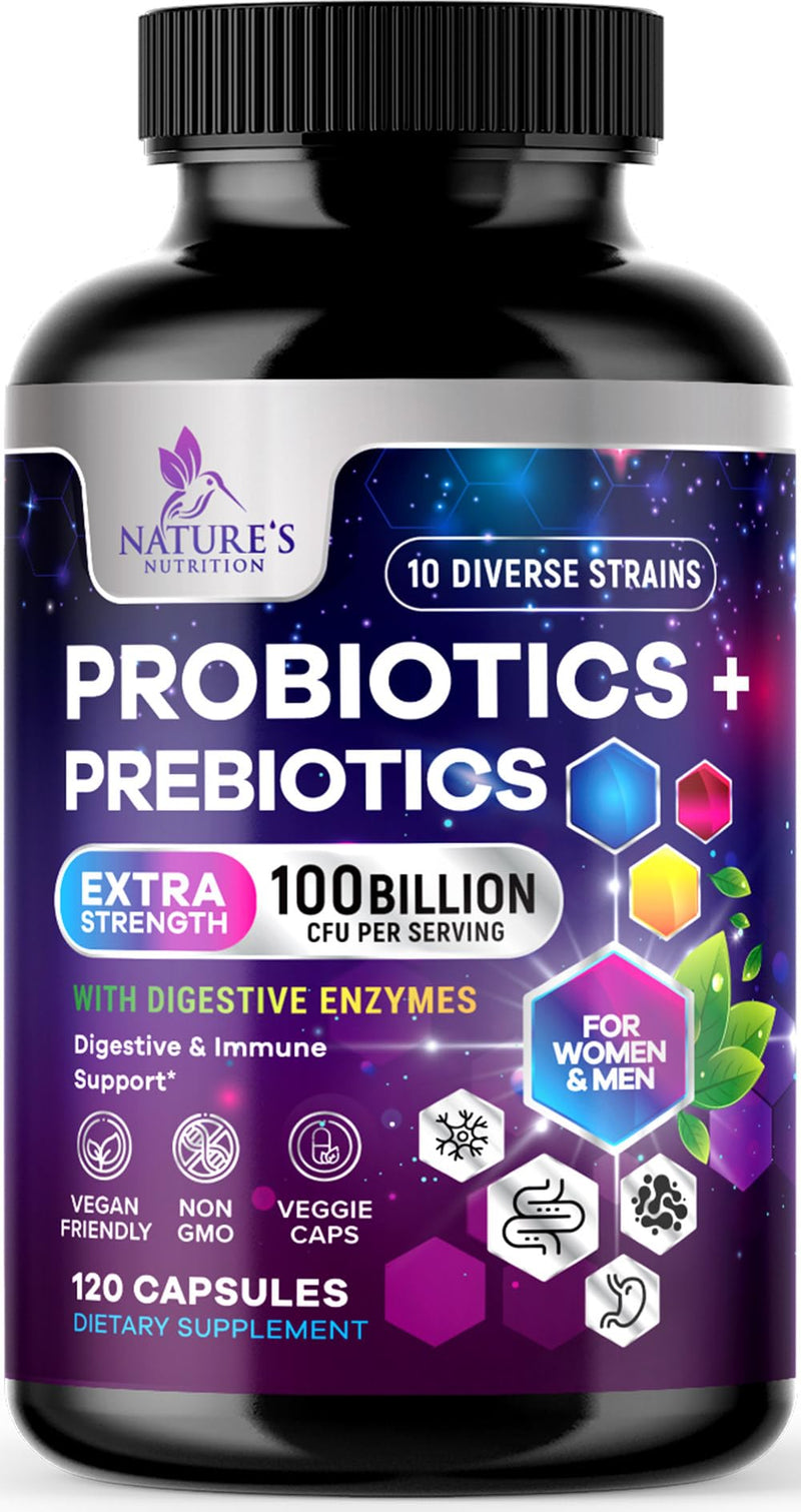 Probiotics 100 Billion CFU Per Serving - 10 Premium Strains + Prebiotics - Best Probiotic Supplement for Women & Men - Supports Immune, Digestive Health, Occasional Constipation & Gas - 120 Capsules 120 Count (Pack of 1)