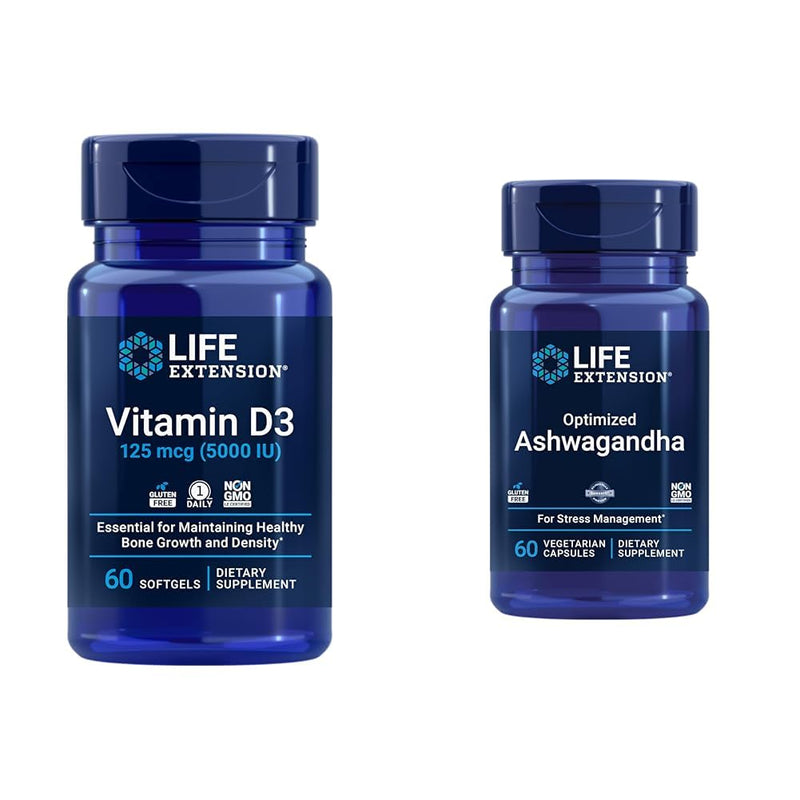 Life Extension Vitamin D3 5000 IU, Ashwagandha - Stress Relief, Focus, Memory, Mood Support - Non-GMO Supplement Bundle 60 Count (Pack of 1) Vitamin D3 + Herbal Supplement, 00888
