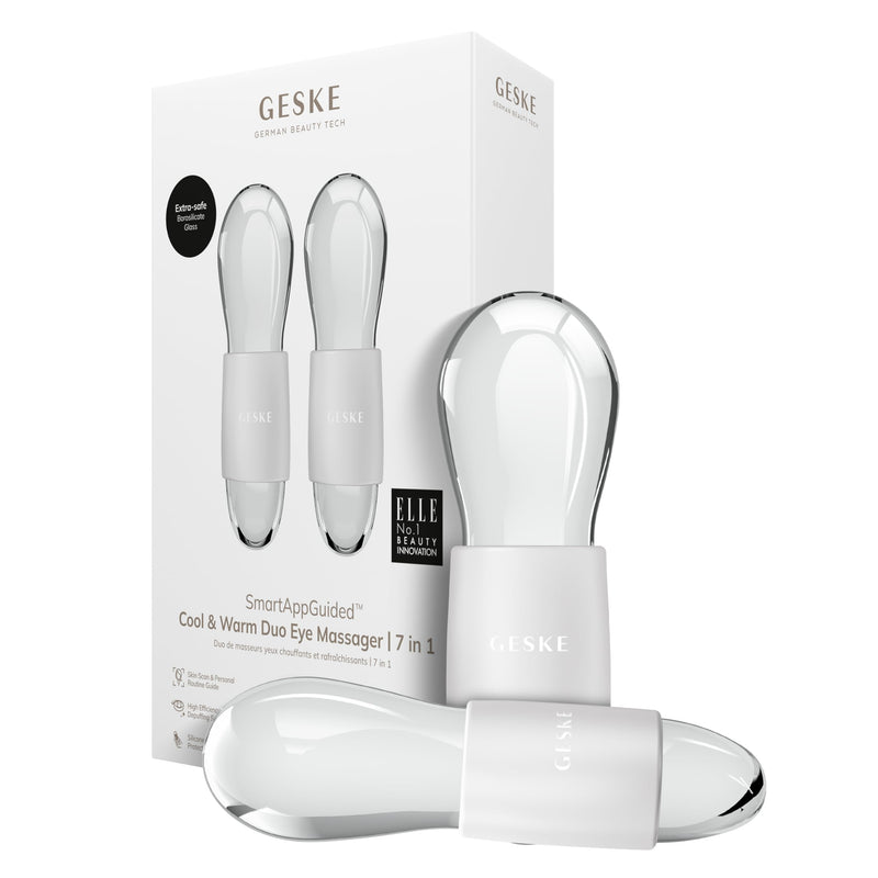 GESKE SmartAppGuided™ Cool & Warm Duo Eye Massager | 7 in 1 | Time-saving Dual Massager | For Eyes & Face | Battery-free Cooling & Warming | Firms, Relaxes & De-Puffs Skin White