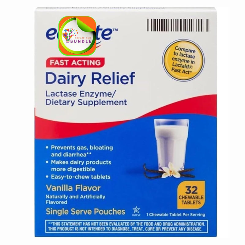 [Australia] - Equate Fast Acting Dairy Relief Lactase Enzyme Dietary Supplement Vanilla Flavor chewables Tablets 32 Count (Pack of 1) + CreativeAndBundle Sticker 