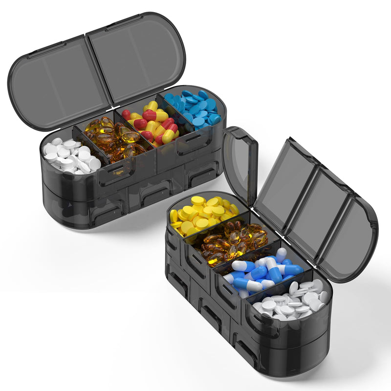 Weekly Pill Organizer Travel, 2/3/4 Times a Day, Double-Sided Opening Design, Portable Pill Box for Storing Fish Oils/Medication/Vitamins/Supplements (2PC Black)