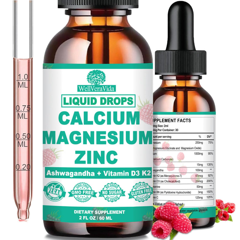 Calcium Magnesium Zinc Liquid Drops, Calcium Supplement with Vitamin D3 K2 | Fast Absorbing Liquid Calcium Magnesium Supplement w/Magnesium Complex, Zinc, Theanine for Immune, Bone,Muscle Support, Vegan Raspberry 2 Fl/Oz