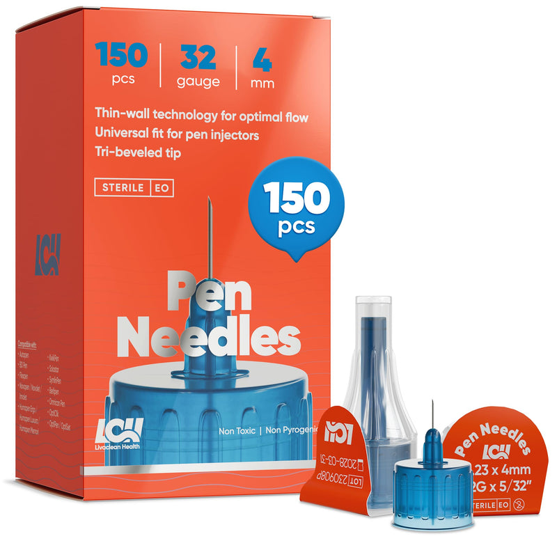 [Australia] - (150 Ct) LivaClean Health Pen Needles for Insulin - 32G x 4mm (5/32"), Universal Fit for Most Pen Injectors, Diabetic Needles, Individually Packaged, Safe and Convenient Use 