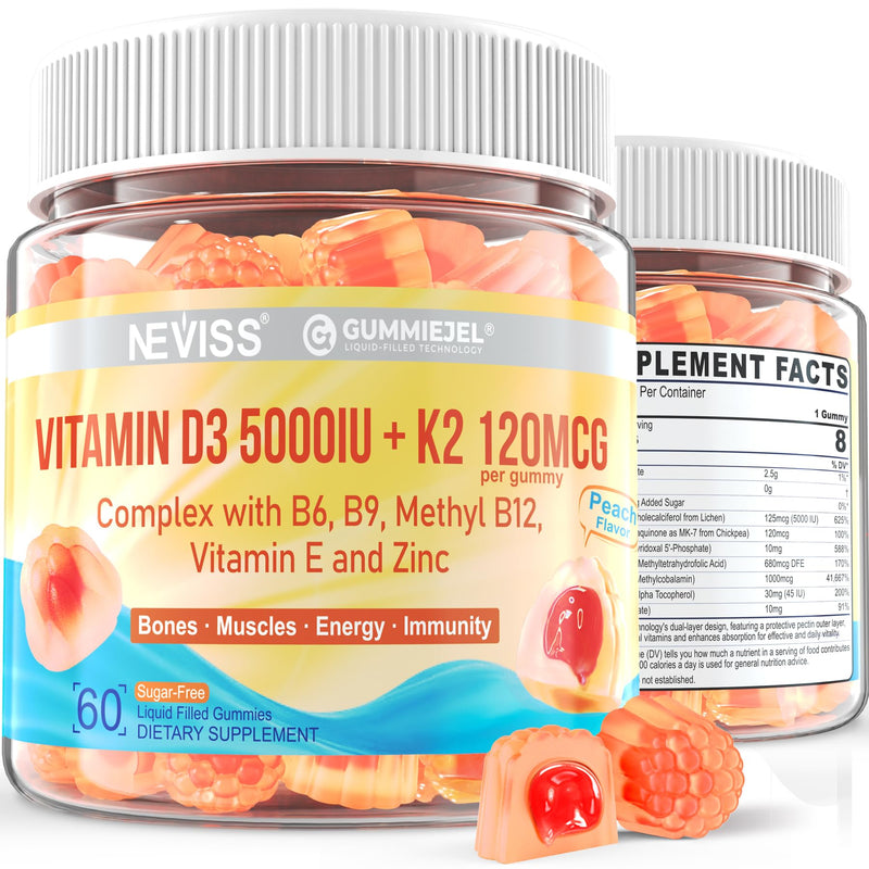 Vitamin D3 5000IU+K2(MK-7)120mcg,GLP-1 Friendly Vitamin D3 K2 Gummies,2Pack | Sugar Free with Vitamin B Complex -Methyl B12, B9, B6 | Vit E & Zinc, MCT Oil - Supports Bone & Teeth Strength, Immune 60 Count (Pack of 2)
