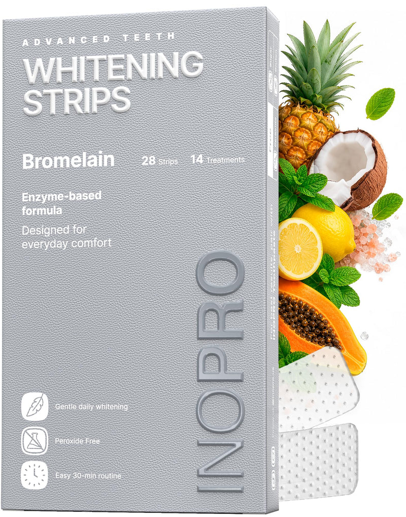 InoPro Natural Teeth Whitening Strips Kit 14 Treatments - Sensitive Teeth Whitener, Peroxide Free with Papain, Bromelain, Coconut Oil, White Strips for Teeth Whitening (28 Strips) 28 Count (Pack of 1)