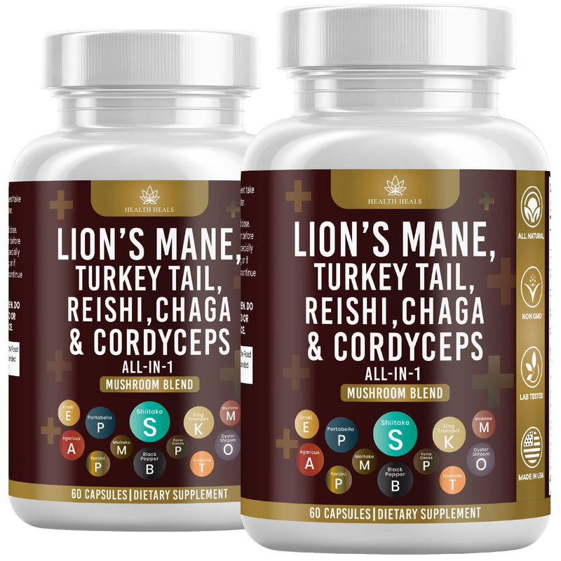 [Australia] - Mushroom Supplement with Lion's Mane Turkey Tail Reishi Cordyceps Chaga Marshmallow Root - 120 Count 120 Capsules (Pack of 2) 
