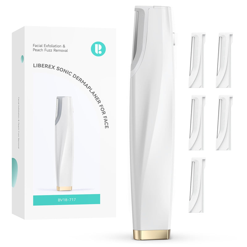 [Australia] - Sonic Dermaplaning Tool for Face - Rechargeable Dermaplane Razor with 6 Refill Dermablades, Facial Hair & Peach Fuzz Remover for Women (White) White 