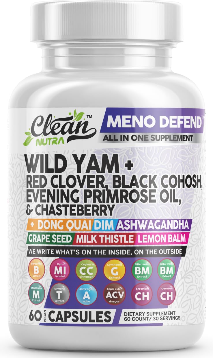 [Australia] - Clean Nutra Wild Yam Root Capsules with Red Clover Black Cohosh Evening Primrose Oil Chasteberry Dong Quai DIM Ashwagandha Grape Seed Extract Milk Thistle Lemon Balm and more Hormone Balance For Women 