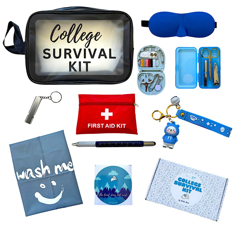 College Survival Kit School Care Package Emergency First Aid Supplies Sewing Manicure Laundry Lanyard Gift Set (Black) Black