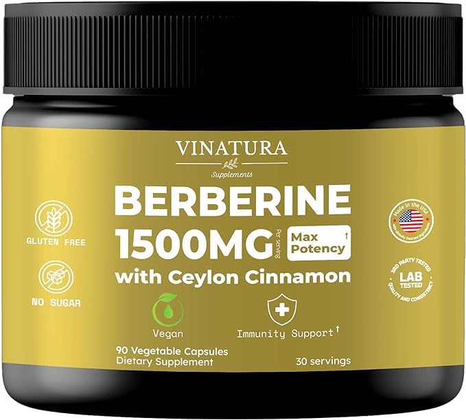 [Australia] - Berberine 1500mg with Ceylon Cinnamon - USA MADE & TESTED - Max Potency Berberine Supplement with Berberine HCL - Immune System - 90 capsules 