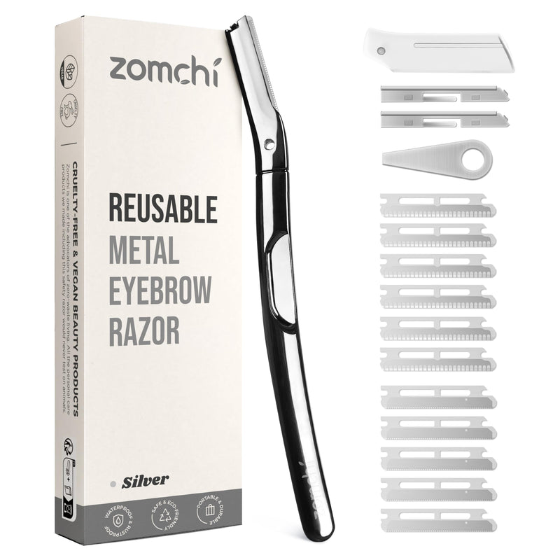 [Australia] - ZOMCHI Eyebrow Razor and Face Razor for Women and Men, Reusable Metal Handle with 11 Refill Blades, Dermaplane Razor with Protective Silicone Cap, Eyebrow Hair Trimmer - Polished Silver 