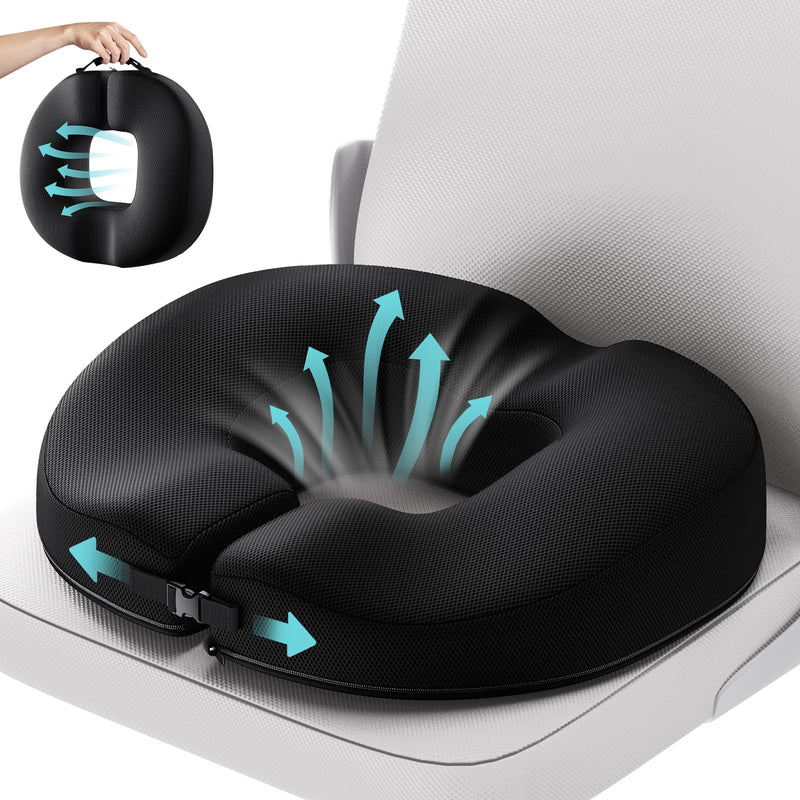 [Australia] - Benazcap Donut Pillow Seat Cushion for Tailbone Pain Relief, Strong Support Memory Foam Hemorrhoid Pillow by Ergonomic for Coccyx, Sciatica, Pregnancy, Postpartum 17.3"x15.3"x3" Black 