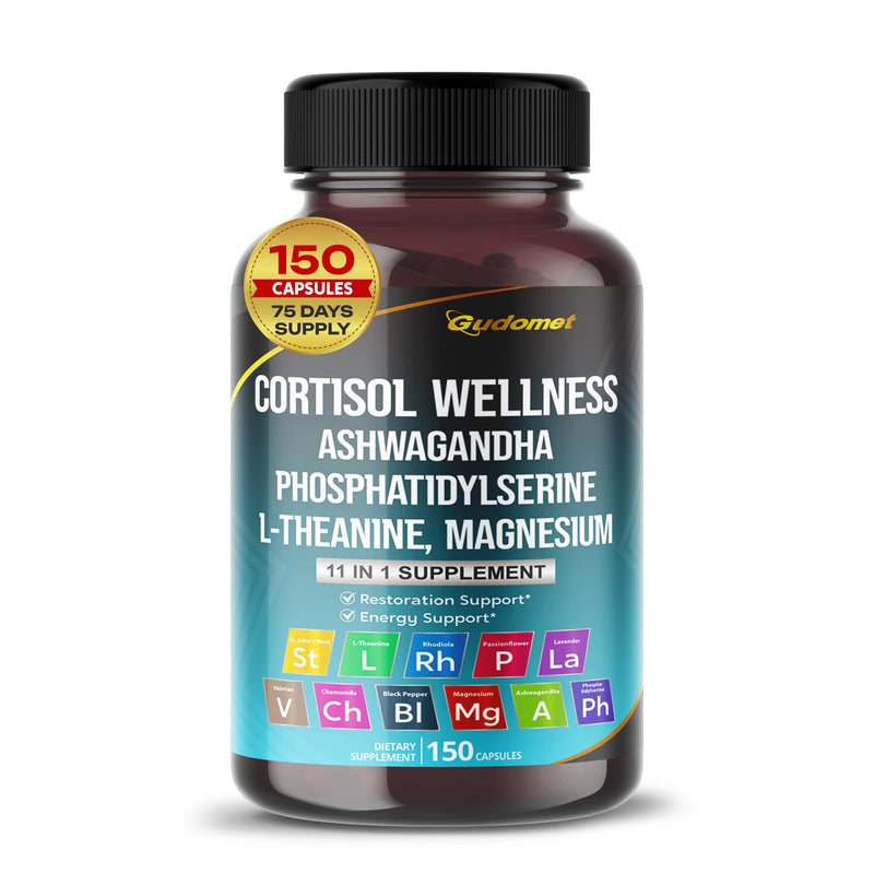 [Australia] - CORTISOL WELLNESS Magnesium Ashwagandha L-Theanine Phosphatidylserine Rhodiola Rosea Passionflower Lavender Chamomile -150 Capsules- Made in USA 150 count (pack of 1) 