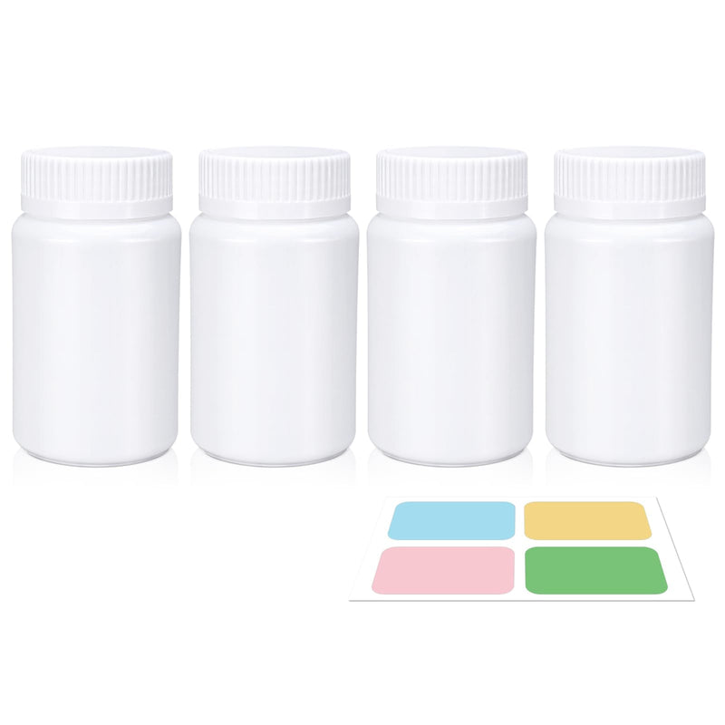 White Pill Bottle, Empty Medicine Bottles with Screw Caps for Pills Capsules Vitamins, Food Grade Plastic Medicine Containers with Labels for Travel (3.4oz/100ml, 4 Pcs) White ['100ml']