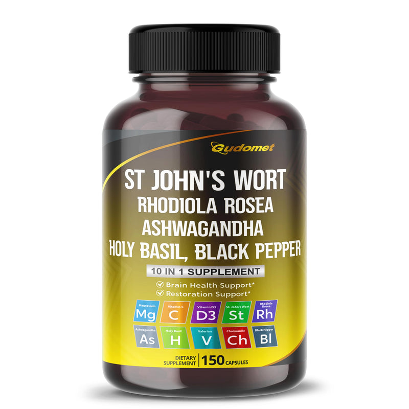 [Australia] - St. John's Wort Rhodiola Rosea Ashwagandha Holy Basil Valerian Chamomile Black Pepper -150 Capsules- Made in USA 150 count (pack of 1) 